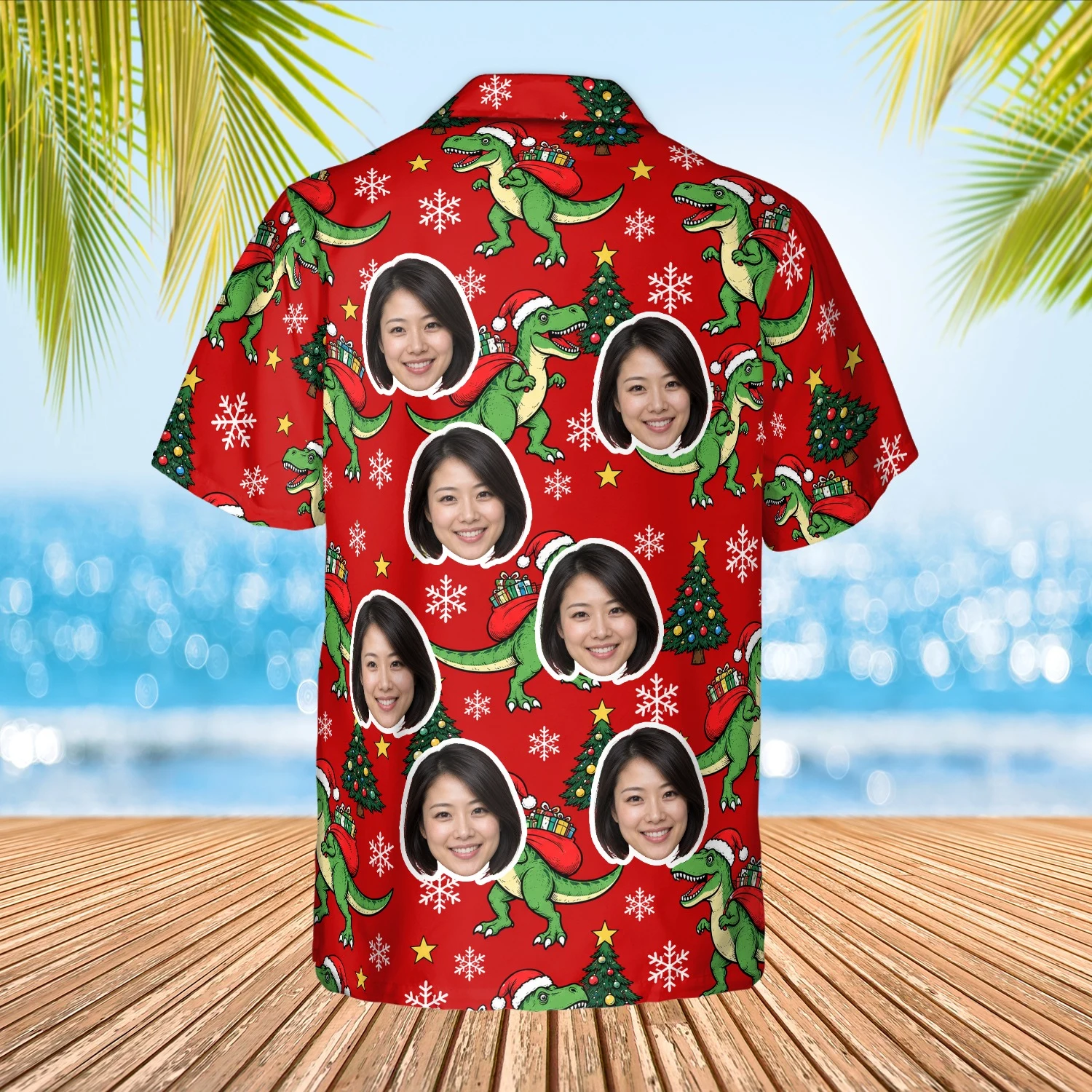 Personalized Dinosaur Christmas Hawaiian Shirt with Face, Pet or Logo – T Rex Santa photo 3 Personalized Dinosaur Christmas Hawaiian Shirt with Face, Pet or Logo – T-Rex Santa - view 3