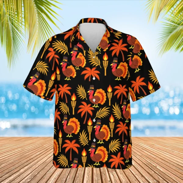 Personalized Thanksgiving Hawaiian Shirt with Face, Pet or Logo – Pilgrim Turkey Tiki - view 2