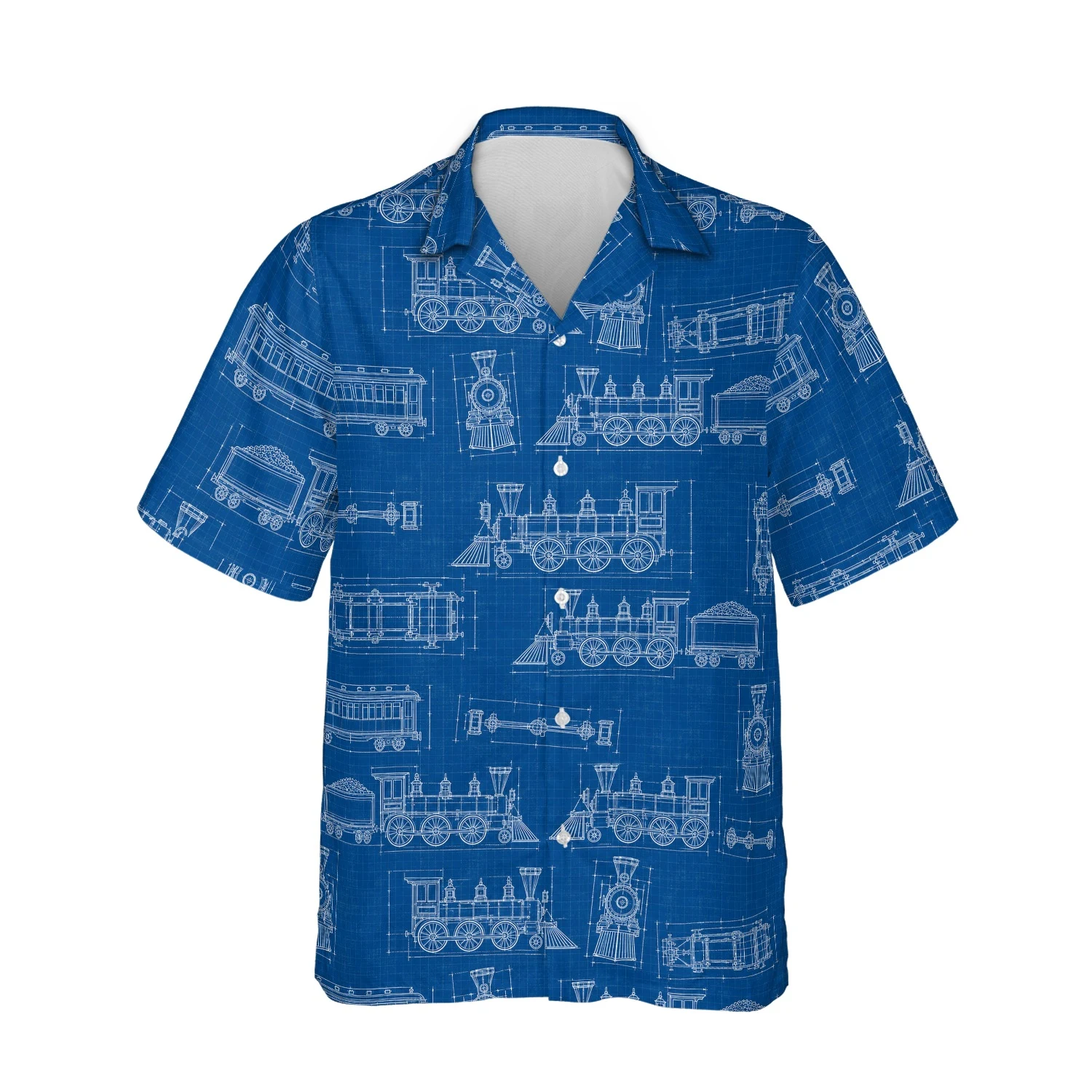 Personalized Train Hawaiian Shirt with Face, Pet or Logo – Blueprint Locomotive design Personalized Train Hawaiian Shirt with Face, Pet or Logo – Blueprint Locomotive - front view