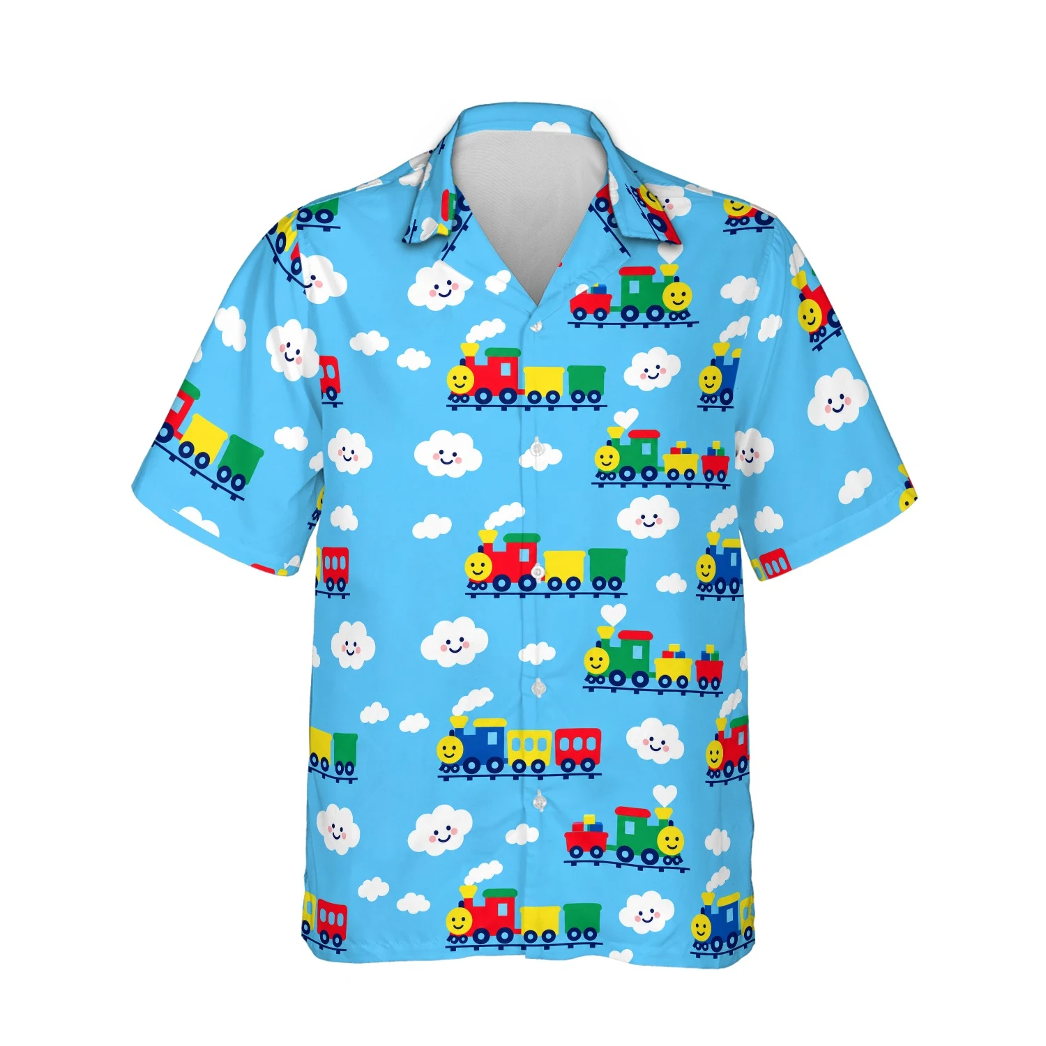 Personalized Train Hawaiian Shirt with Face, Pet or Logo – Cartoon Choo Choo design Personalized Train Hawaiian Shirt with Face, Pet or Logo – Cartoon Choo-Choo - front view