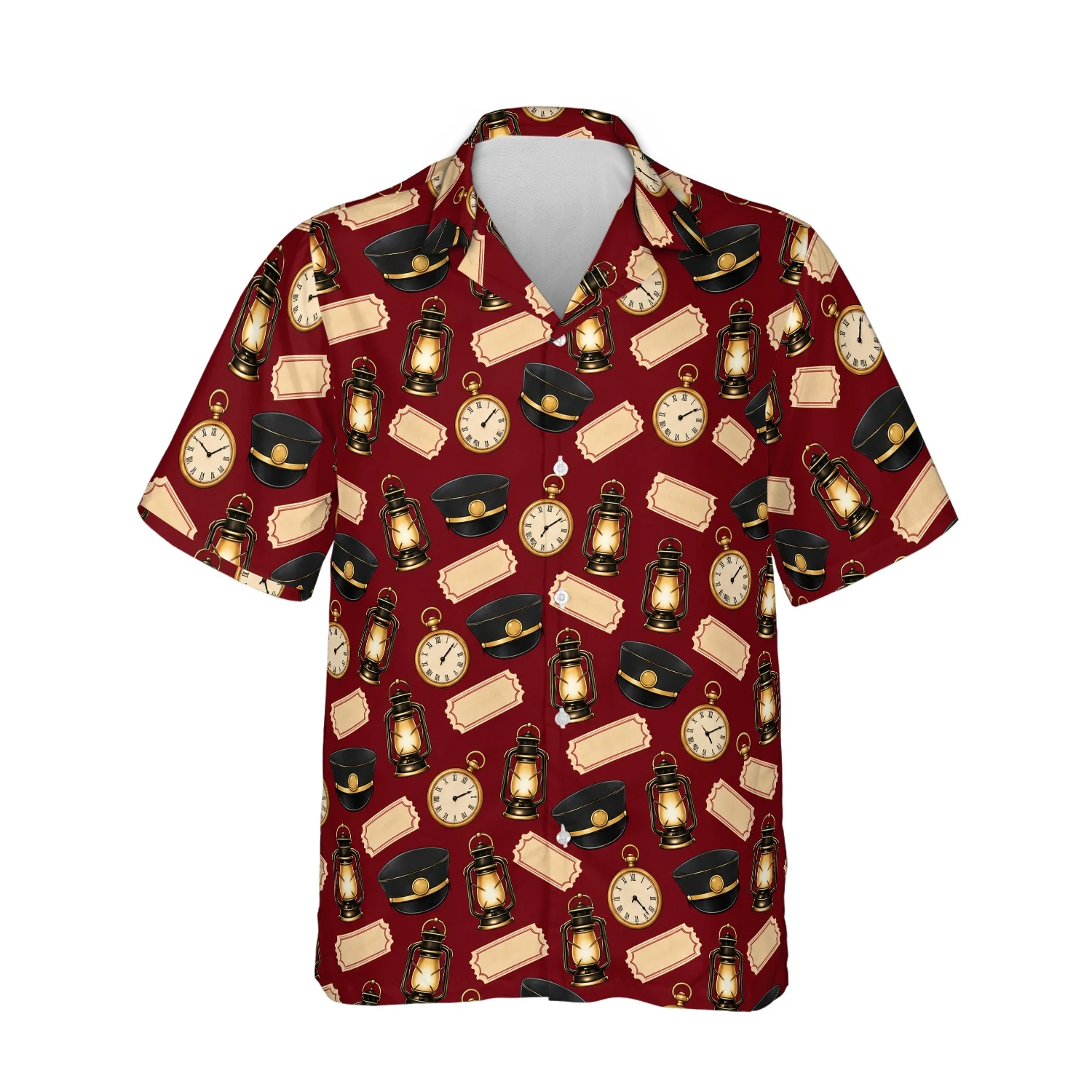 Personalized Train Hawaiian Shirt with Face, Pet or Logo – Conductor Cap & Lantern design Personalized Train Hawaiian Shirt with Face, Pet or Logo – Conductor Cap & Lantern - front view