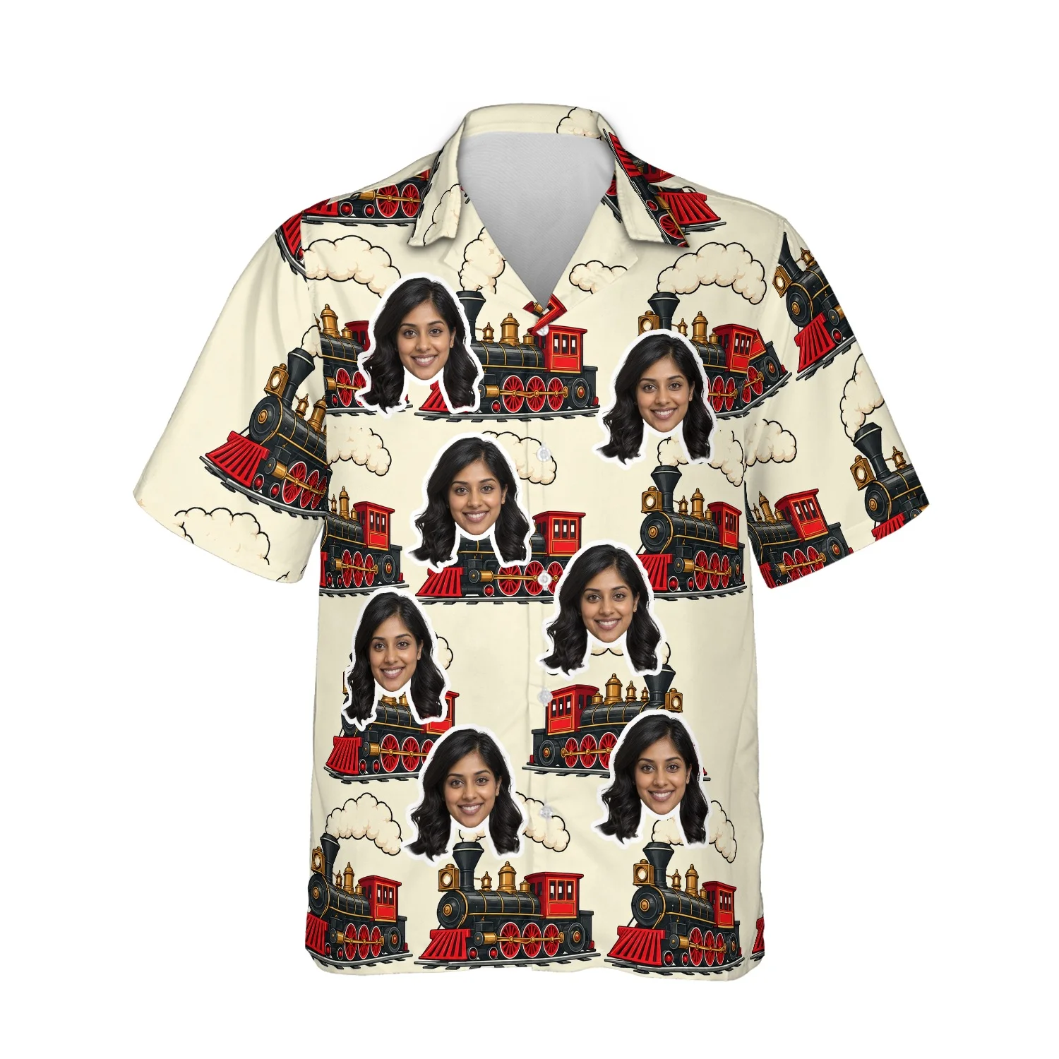 Personalized Train Hawaiian Shirt with Face, Pet or Logo – Steam Locomotive photo 1 Personalized Train Hawaiian Shirt with Face, Pet or Logo – Steam Locomotive