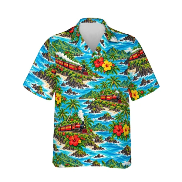 Personalized Train Hawaiian Shirt with Face, Pet or Logo – Tropical Rails - front view