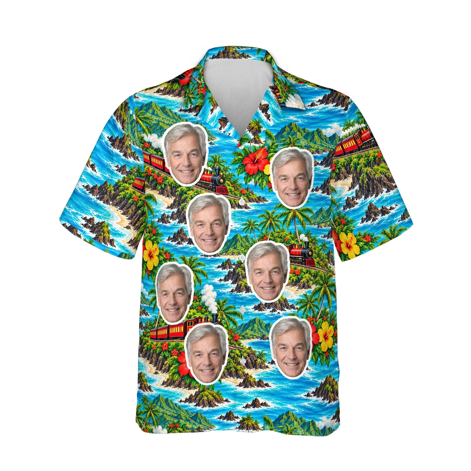 Personalized Train Hawaiian Shirt with Face, Pet or Logo – Tropical Rails photo 1 Personalized Train Hawaiian Shirt with Face, Pet or Logo – Tropical Rails