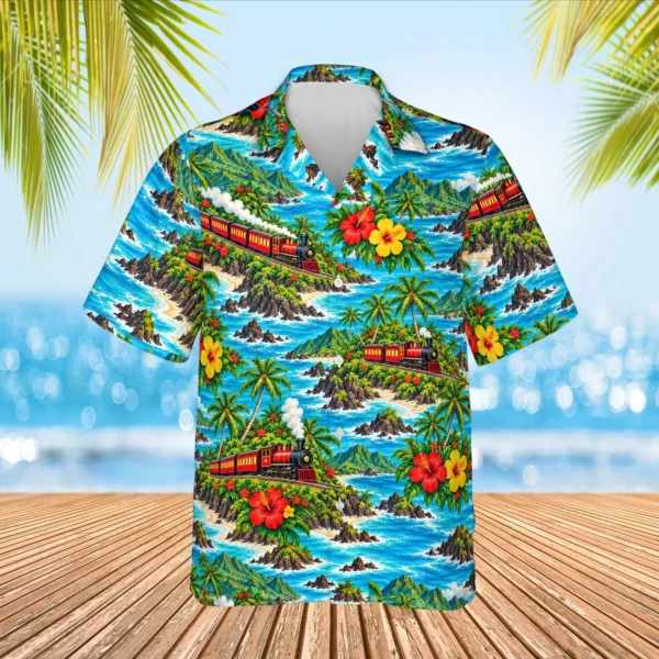 Personalized Train Hawaiian Shirt with Face, Pet or Logo – Tropical Rails - view 2