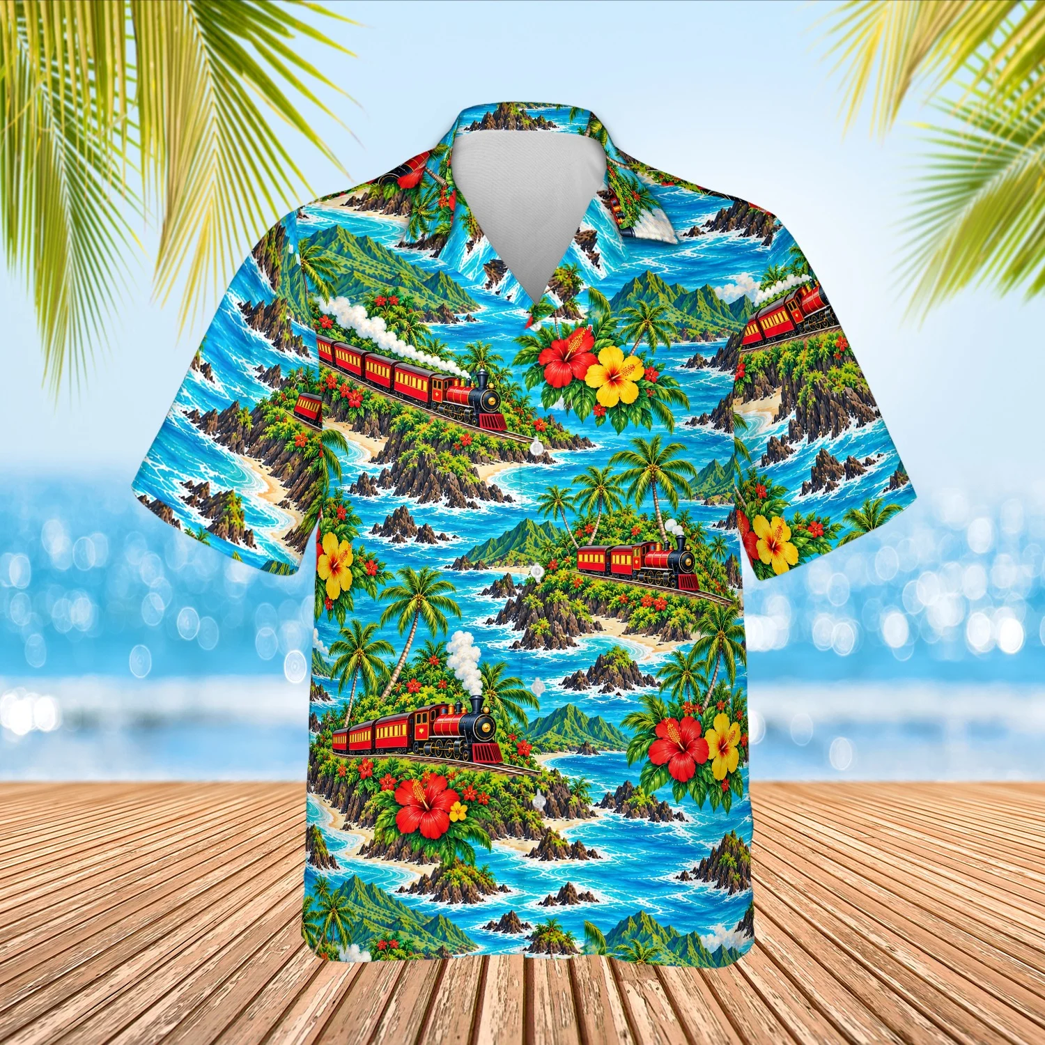 Personalized Train Hawaiian Shirt with Face, Pet or Logo – Tropical Rails photo 2 Personalized Train Hawaiian Shirt with Face, Pet or Logo – Tropical Rails - view 2