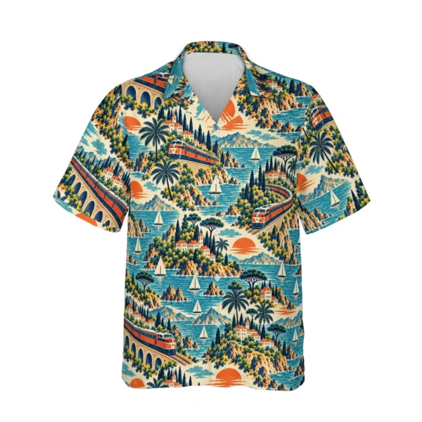 Personalized Train Hawaiian Shirt with Face, Pet or Logo – Vintage Rail Travel - front view