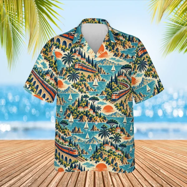 Personalized Train Hawaiian Shirt with Face, Pet or Logo – Vintage Rail Travel - view 2