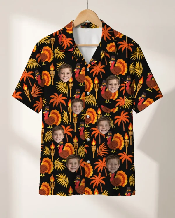 Pilgrim Turkey Tiki Thanksgiving Hawaiian Shirt personalized with faces, on a hanger