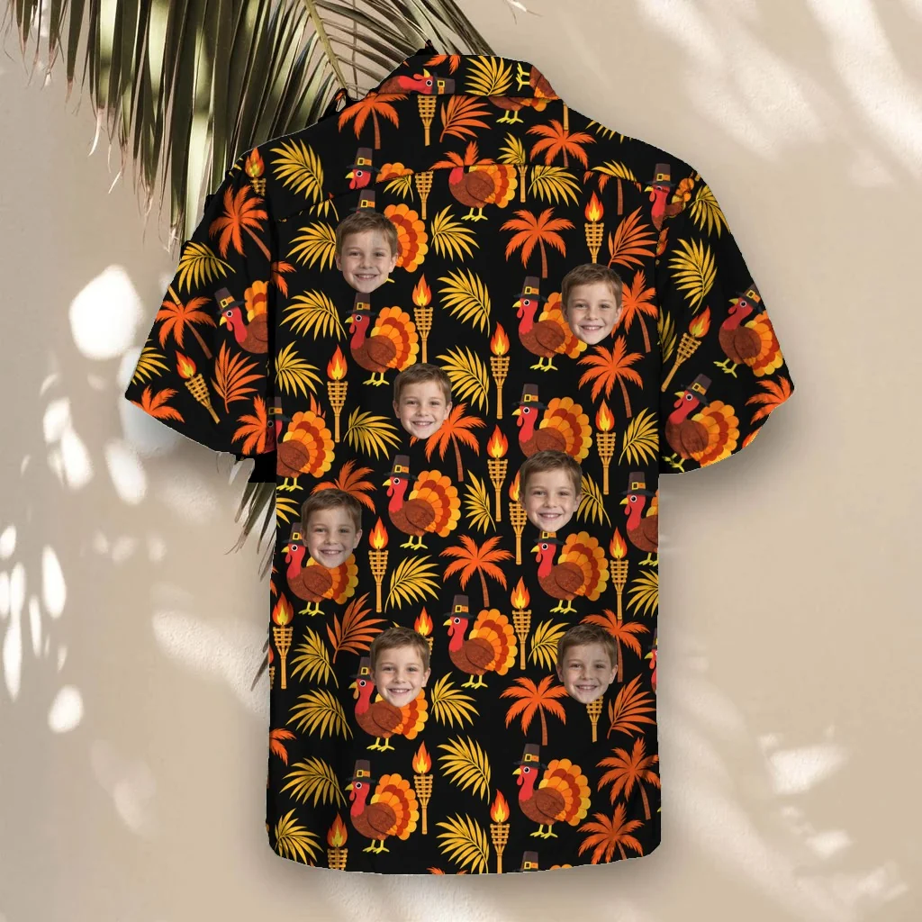 Back of the Pilgrim Turkey Tiki Thanksgiving Hawaiian Shirt with custom faces Back of the Pilgrim Turkey Tiki Thanksgiving Hawaiian Shirt with custom faces