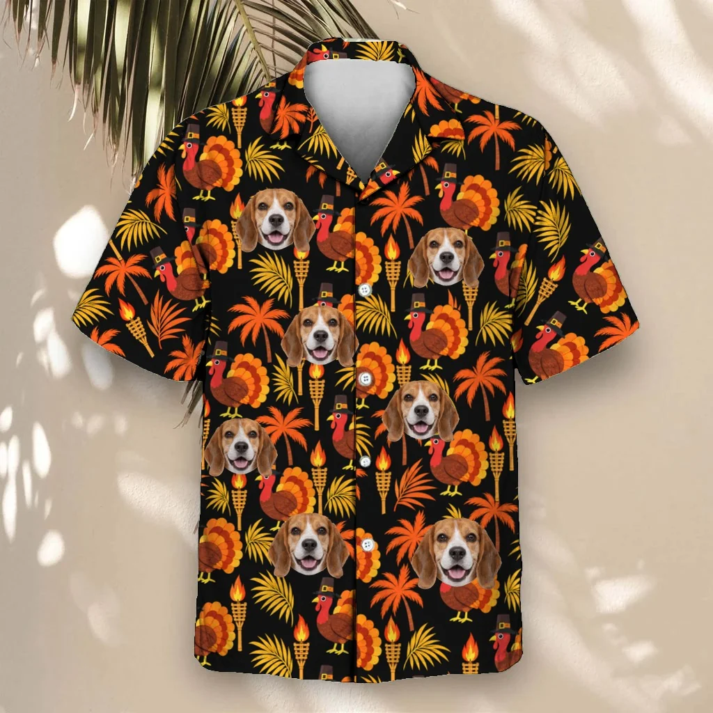 Pilgrim Turkey Tiki Thanksgiving Hawaiian Shirt with custom pet faces Pilgrim Turkey Tiki Thanksgiving Hawaiian Shirt with custom pet faces