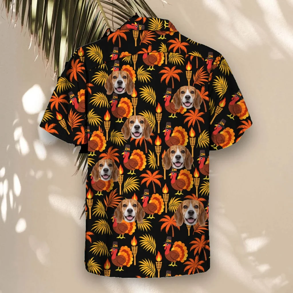 Back of the Pilgrim Turkey Tiki Thanksgiving Hawaiian Shirt with custom pet faces Back of the Pilgrim Turkey Tiki Thanksgiving Hawaiian Shirt with custom pet faces