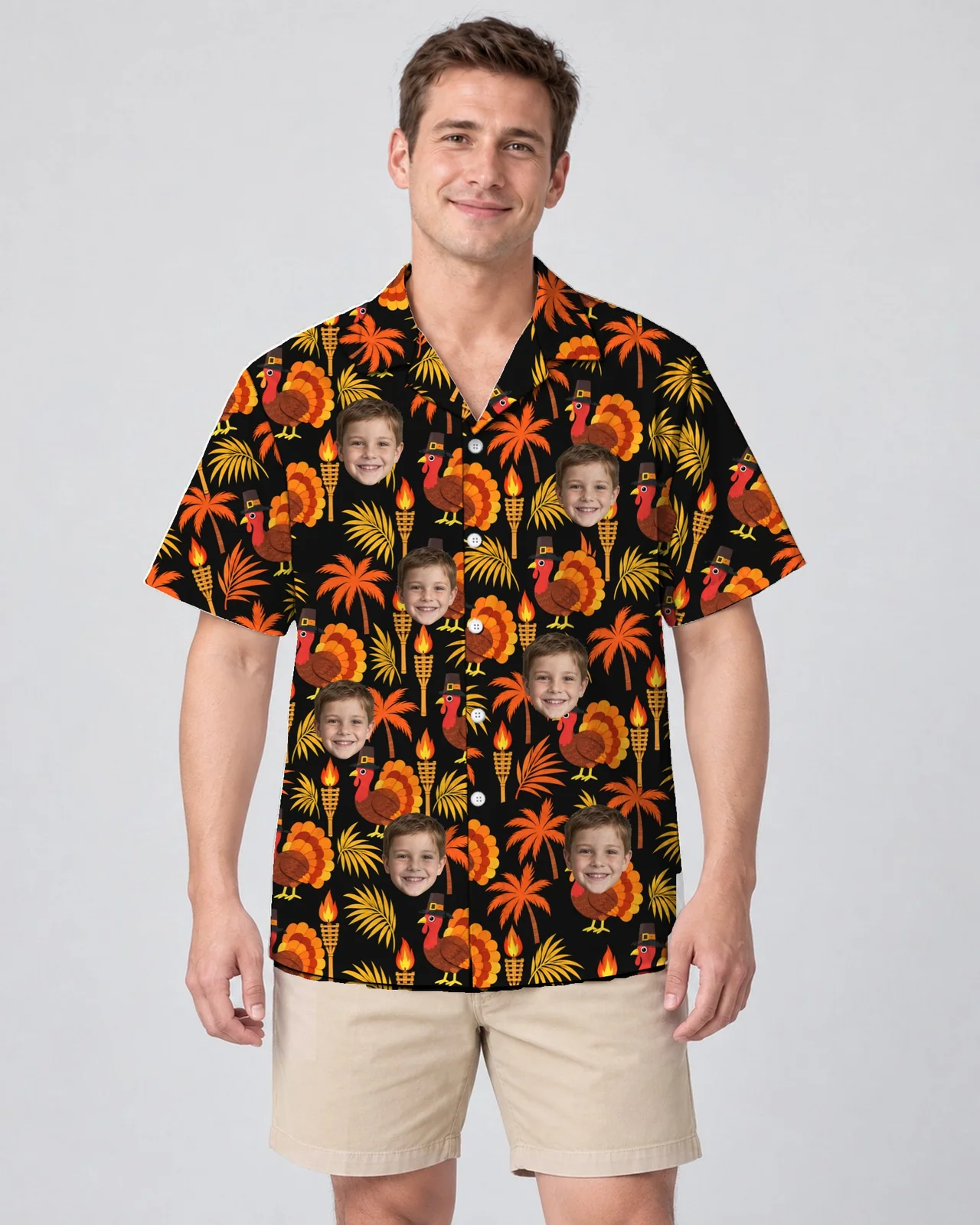 Man wearing the Pilgrim Turkey Tiki Thanksgiving Hawaiian Shirt with custom faces Man wearing the Pilgrim Turkey Tiki Thanksgiving Hawaiian Shirt with custom faces