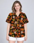 Pilgrim Turkey Tiki Thanksgiving Hawaiian Shirt, front view of the print