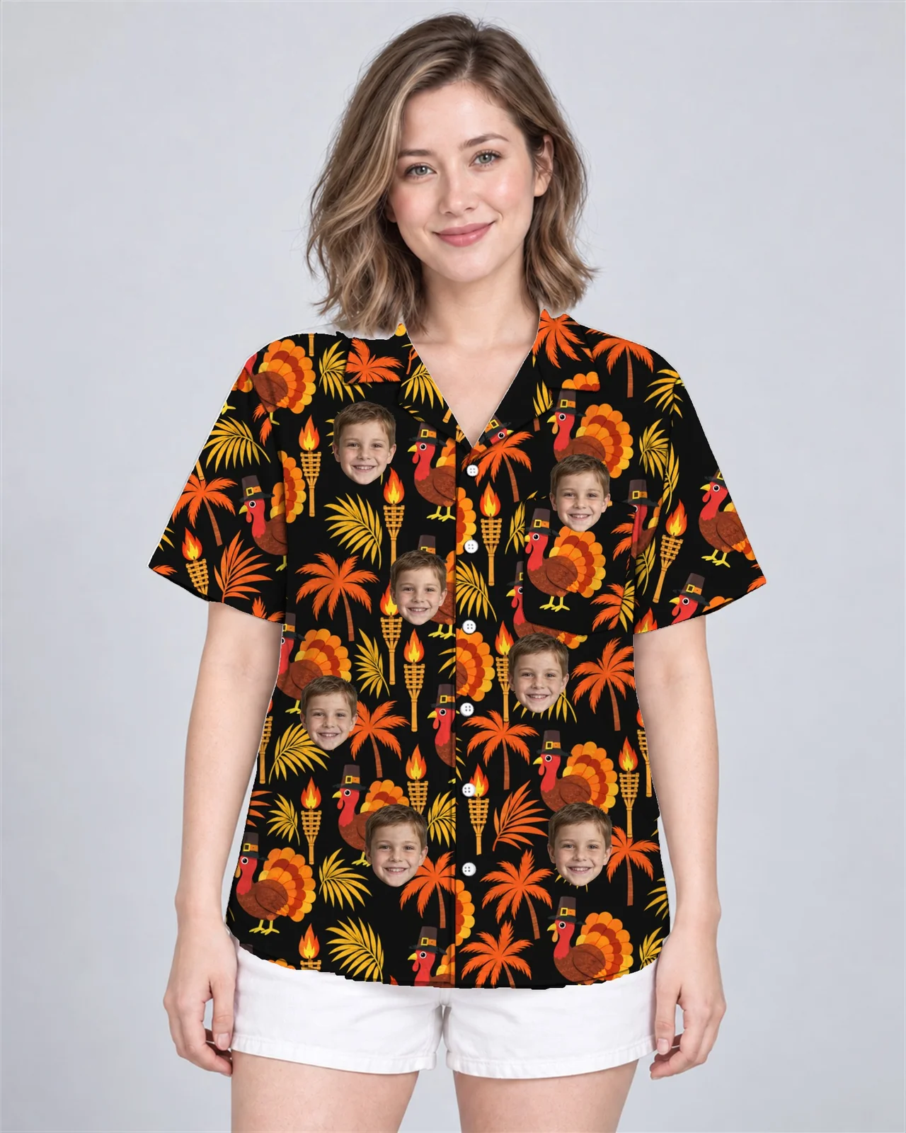 Woman wearing the Pilgrim Turkey Tiki Thanksgiving Hawaiian Shirt with custom faces Woman wearing the Pilgrim Turkey Tiki Thanksgiving Hawaiian Shirt with custom faces