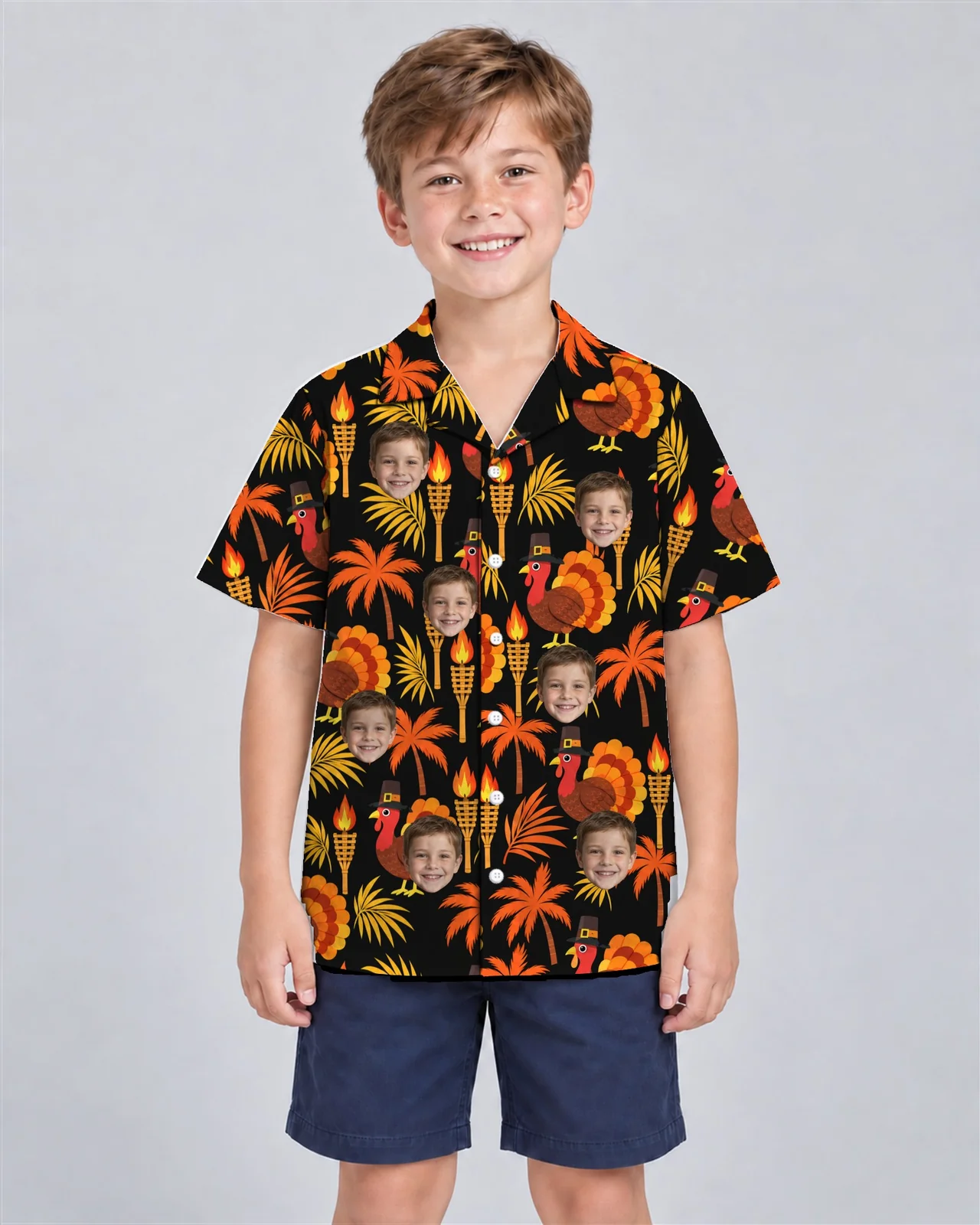 Kid wearing the Pilgrim Turkey Tiki Thanksgiving Hawaiian Shirt with custom faces Kid wearing the Pilgrim Turkey Tiki Thanksgiving Hawaiian Shirt with custom faces