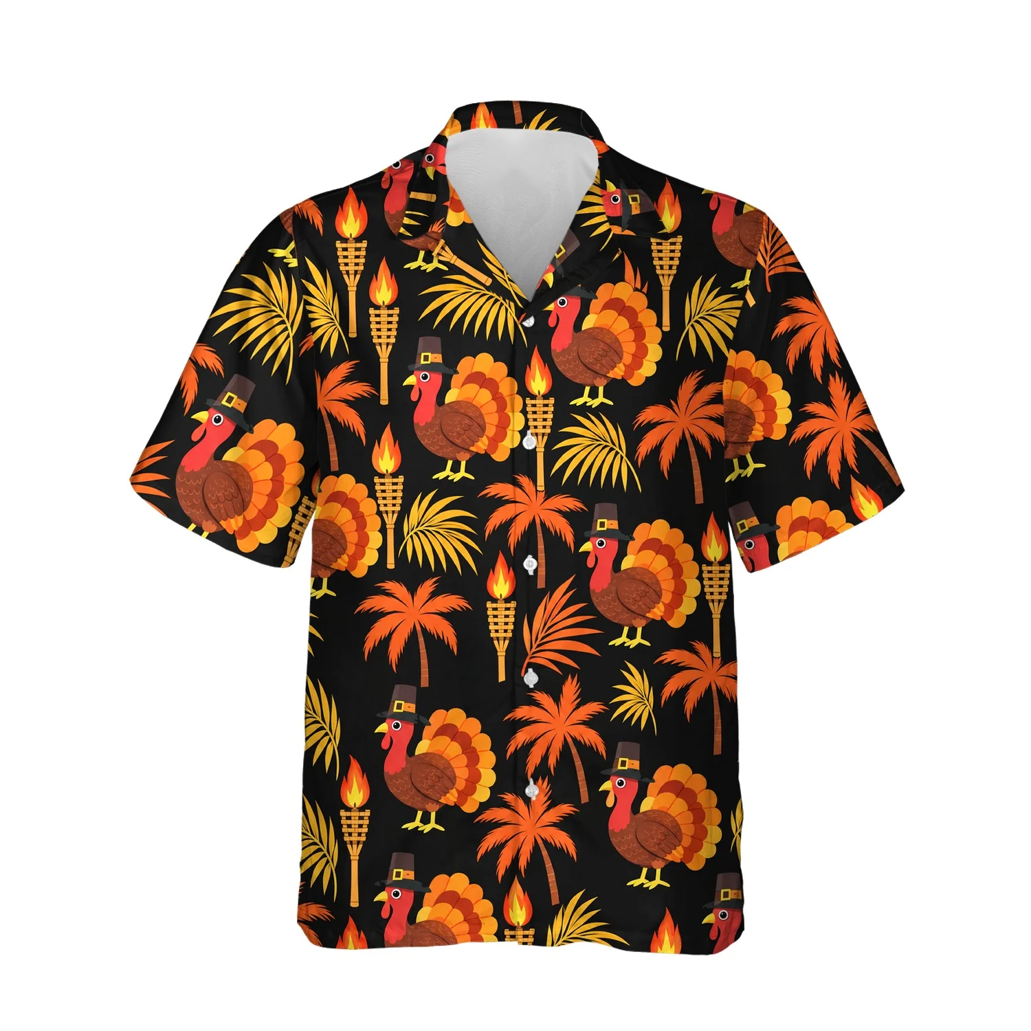 Pilgrim Turkey Tiki Thanksgiving Hawaiian Shirt, front view of the print Pilgrim Turkey Tiki Thanksgiving Hawaiian Shirt, front view of the print