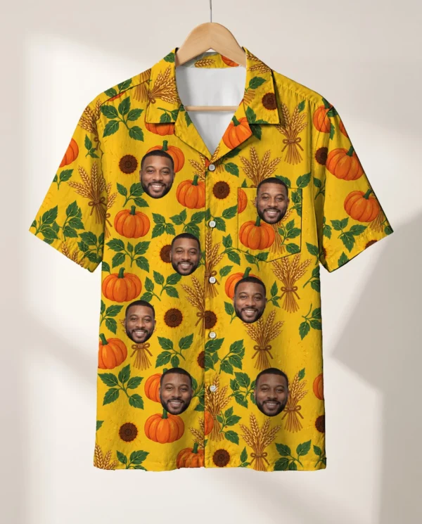 Pumpkin Patch Thanksgiving Hawaiian Shirt personalized with faces, on a hanger