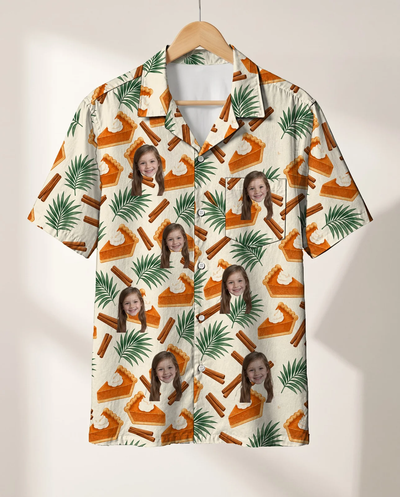 Pumpkin Pie Paradise Thanksgiving Hawaiian Shirt personalized with faces, on a hanger Pumpkin Pie Paradise Thanksgiving Hawaiian Shirt personalized with faces, on a hanger