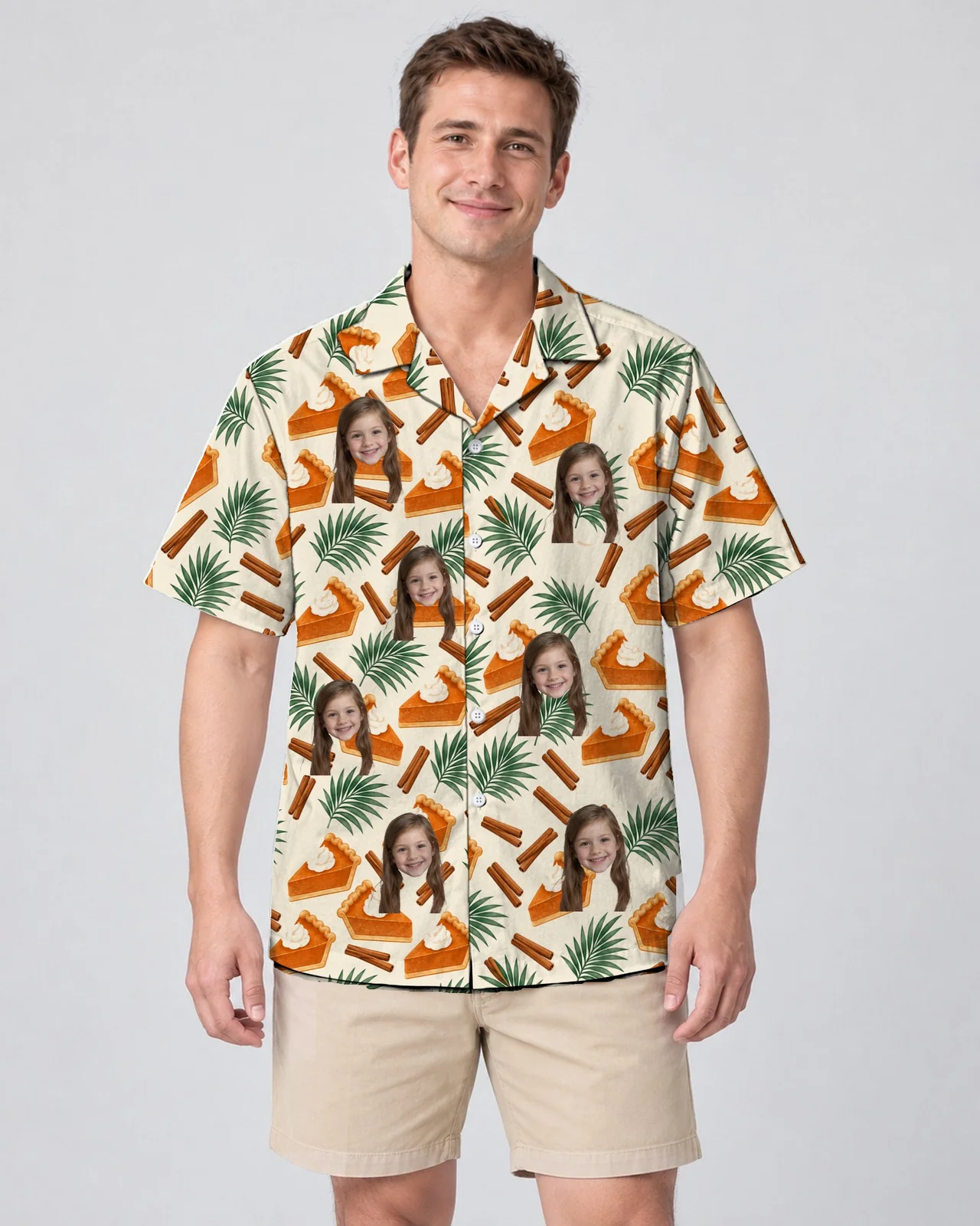 Man wearing the Pumpkin Pie Paradise Thanksgiving Hawaiian Shirt with custom faces Man wearing the Pumpkin Pie Paradise Thanksgiving Hawaiian Shirt with custom faces