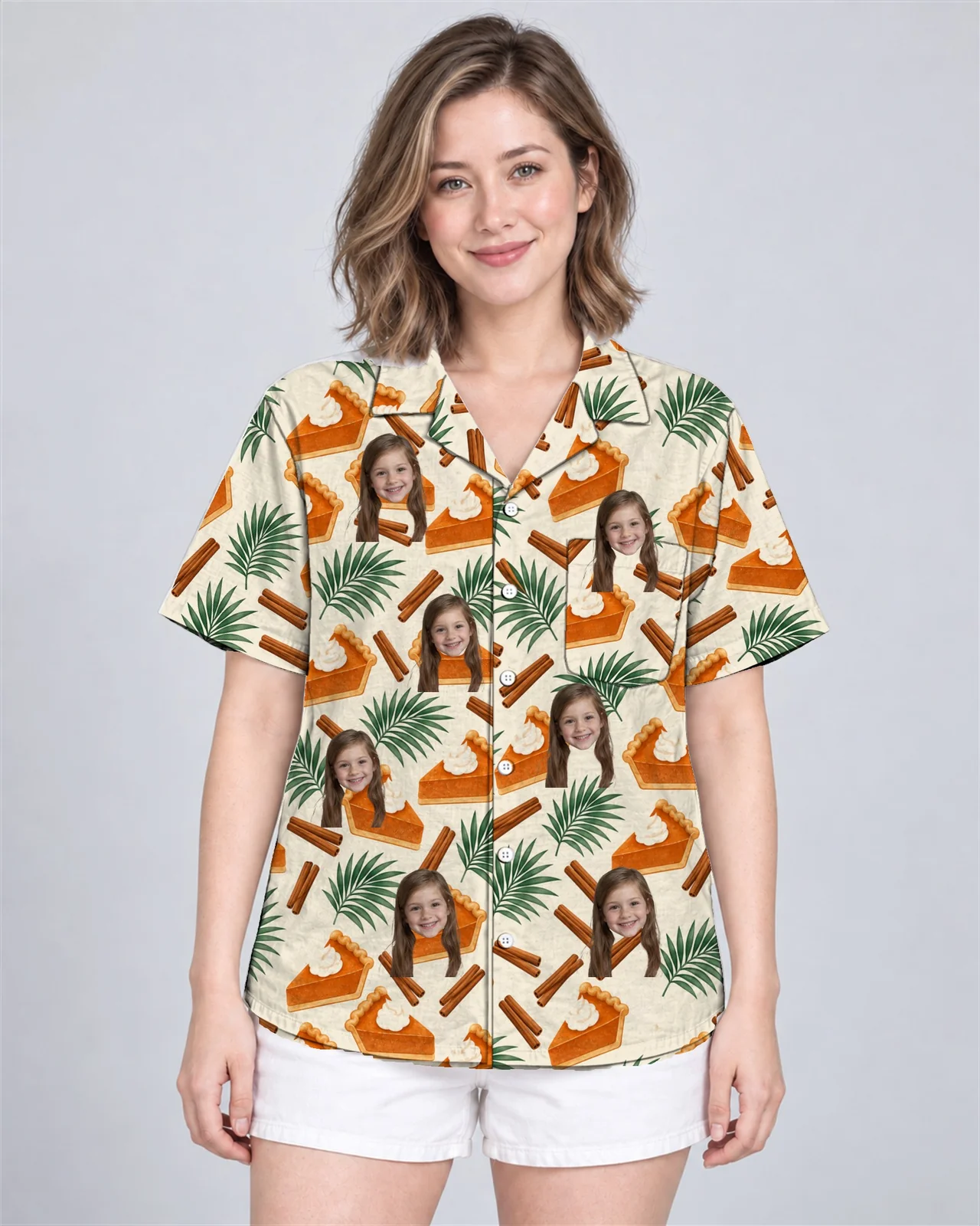 Woman wearing the Pumpkin Pie Paradise Thanksgiving Hawaiian Shirt with custom faces Woman wearing the Pumpkin Pie Paradise Thanksgiving Hawaiian Shirt with custom faces