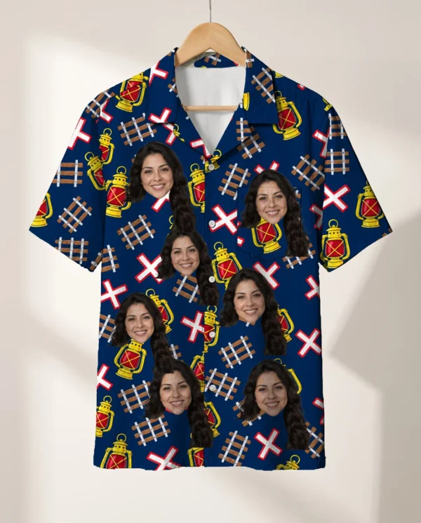 Railroad Crossing Train Hawaiian Shirt personalized with faces, on a hanger