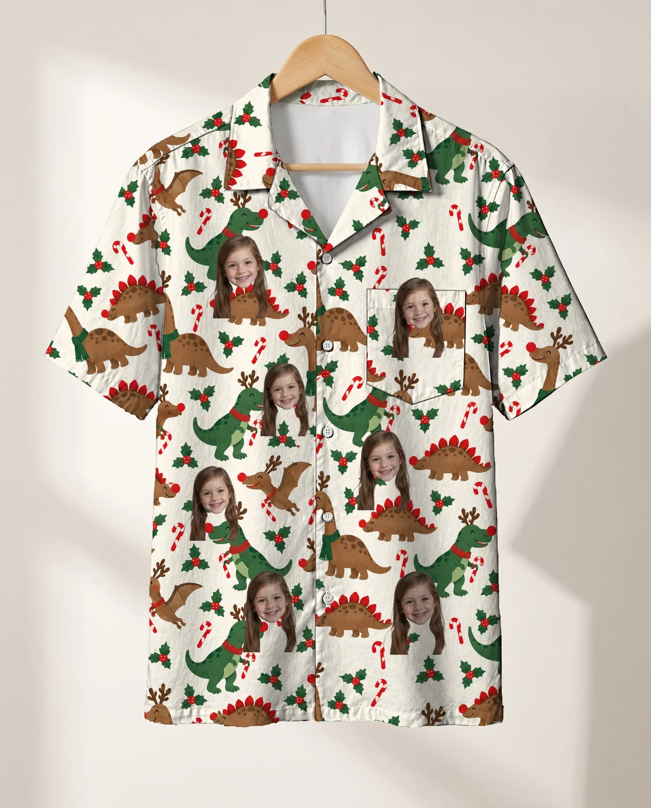 Reindeer Dino Christmas Hawaiian Shirt personalized with faces, on a hanger Reindeer Dino Christmas Hawaiian Shirt personalized with faces, on a hanger