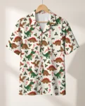 Reindeer Dino Christmas Hawaiian Shirt, front view of the print