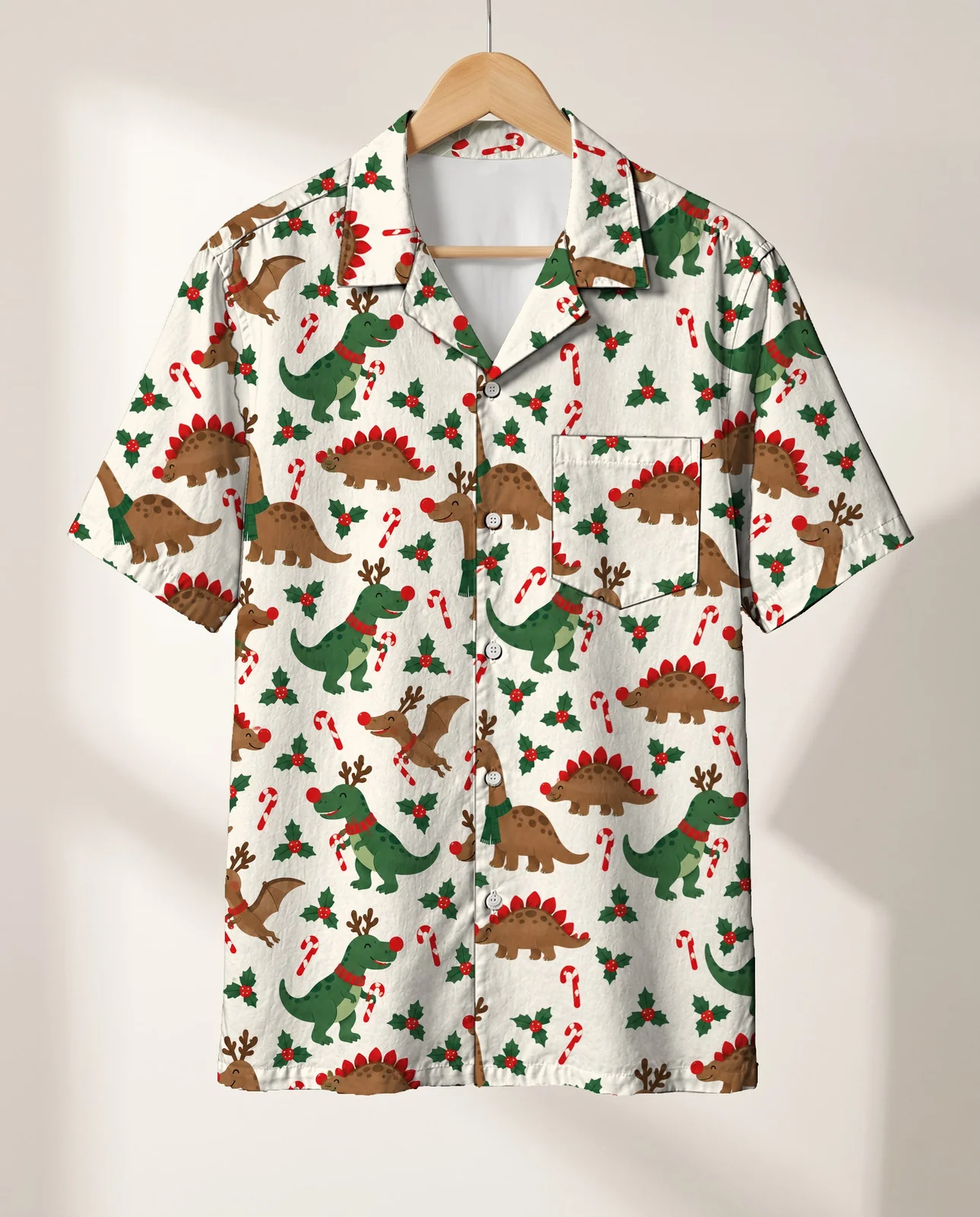 Reindeer Dino Christmas Hawaiian Shirt on a hanger Reindeer Dino Christmas Hawaiian Shirt on a hanger