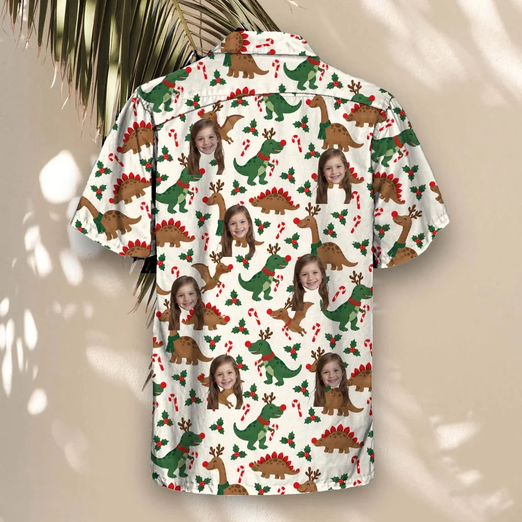 Back of the Reindeer Dino Christmas Hawaiian Shirt with custom faces Back of the Reindeer Dino Christmas Hawaiian Shirt with custom faces