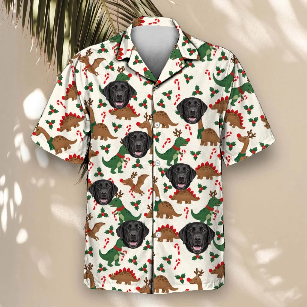 Reindeer Dino Christmas Hawaiian Shirt with custom pet faces Reindeer Dino Christmas Hawaiian Shirt with custom pet faces