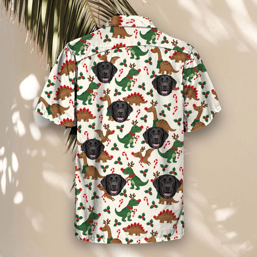 Back of the Reindeer Dino Christmas Hawaiian Shirt with custom pet faces Back of the Reindeer Dino Christmas Hawaiian Shirt with custom pet faces