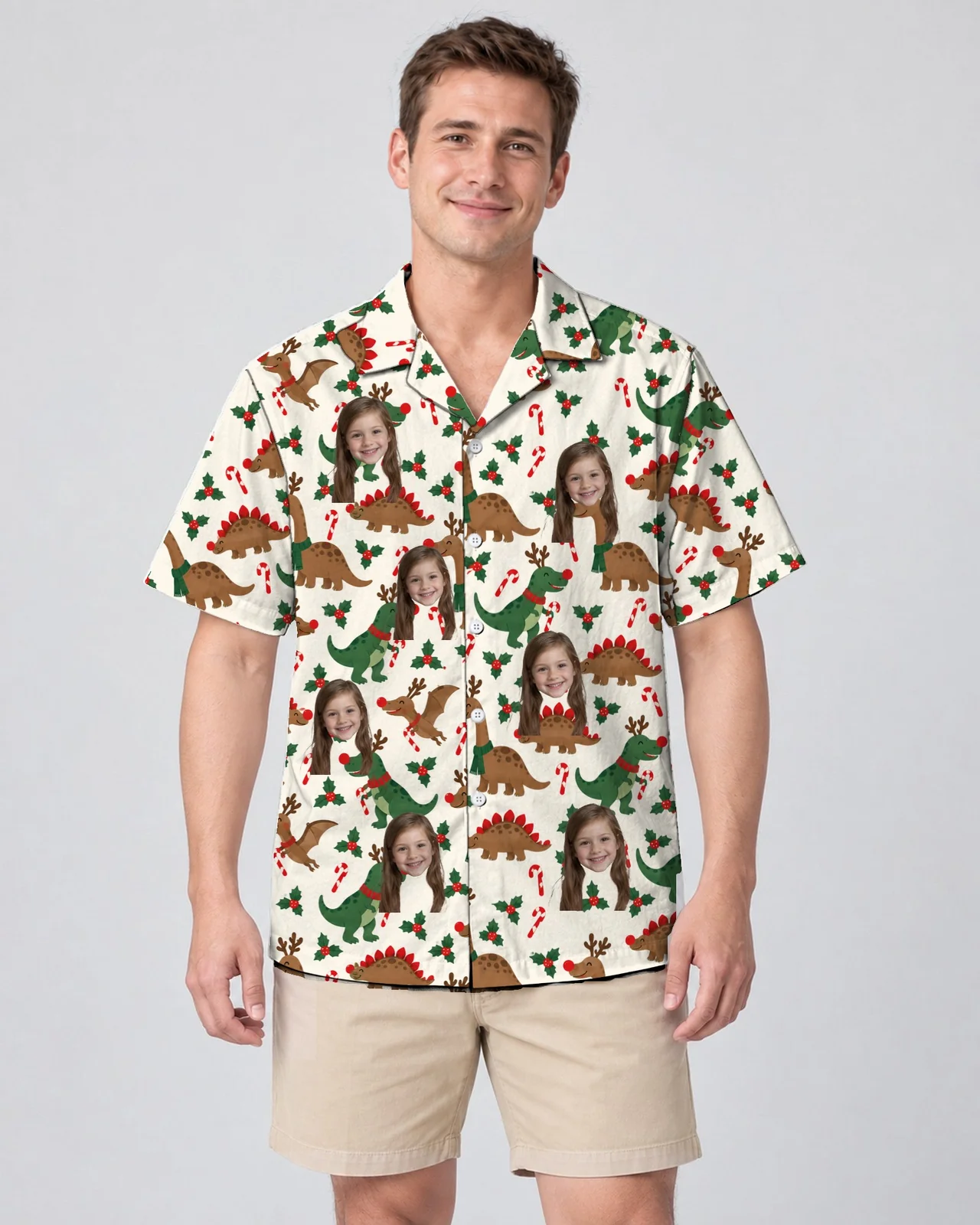 Man wearing the Reindeer Dino Christmas Hawaiian Shirt with custom faces Man wearing the Reindeer Dino Christmas Hawaiian Shirt with custom faces