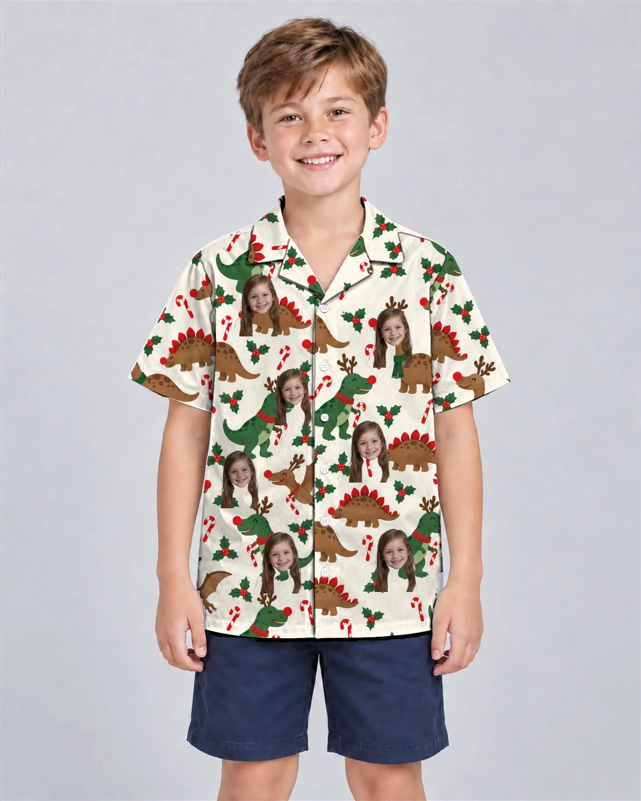 Kid wearing the Reindeer Dino Christmas Hawaiian Shirt with custom faces Kid wearing the Reindeer Dino Christmas Hawaiian Shirt with custom faces