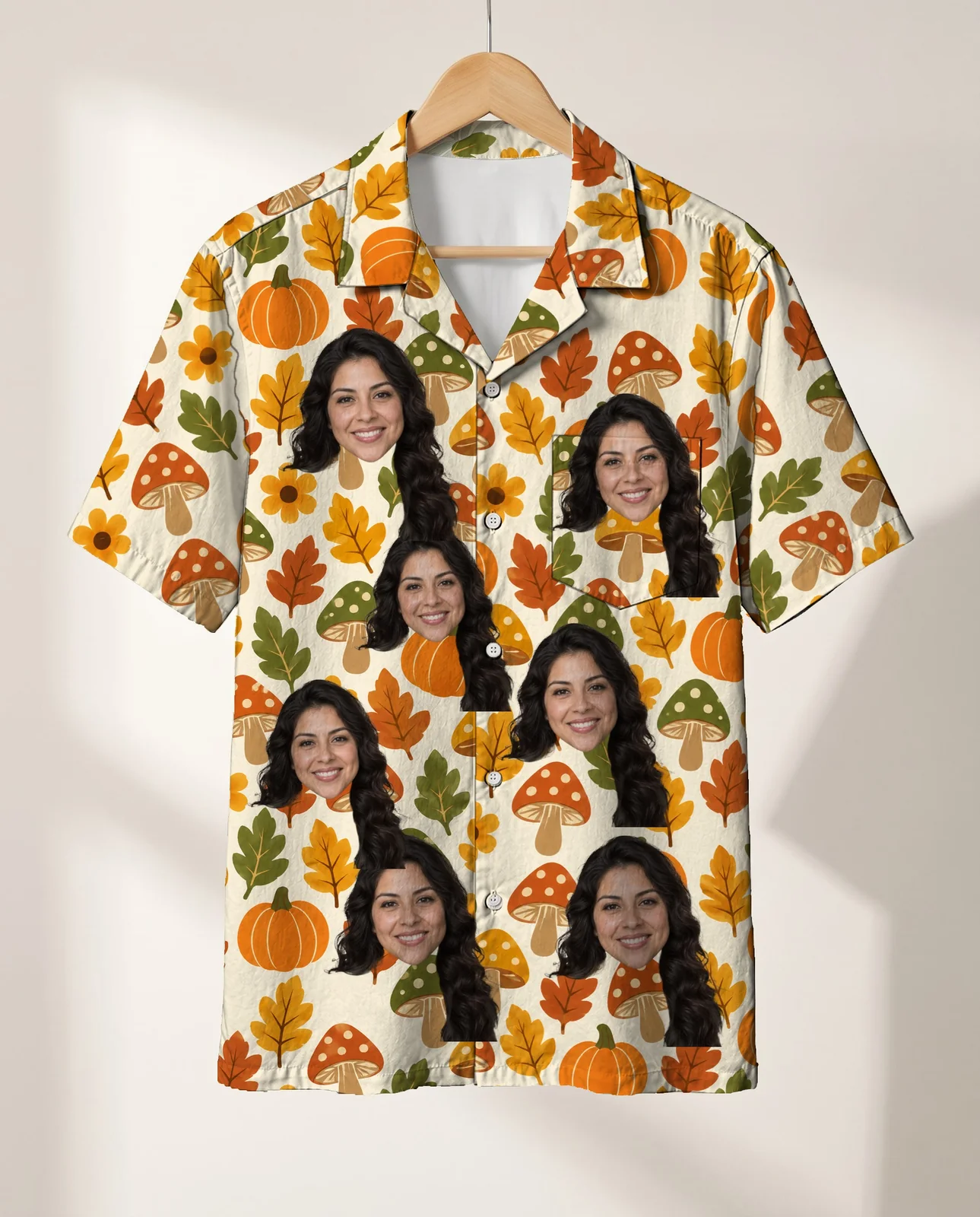 Retro 70s Harvest Thanksgiving Hawaiian Shirt personalized with faces, on a hanger Retro 70s Harvest Thanksgiving Hawaiian Shirt personalized with faces, on a hanger