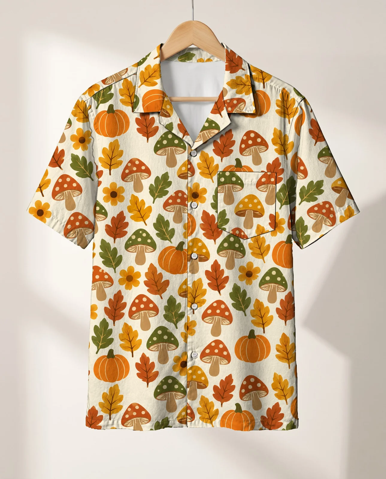 Retro 70s Harvest Thanksgiving Hawaiian Shirt on a hanger Retro 70s Harvest Thanksgiving Hawaiian Shirt on a hanger