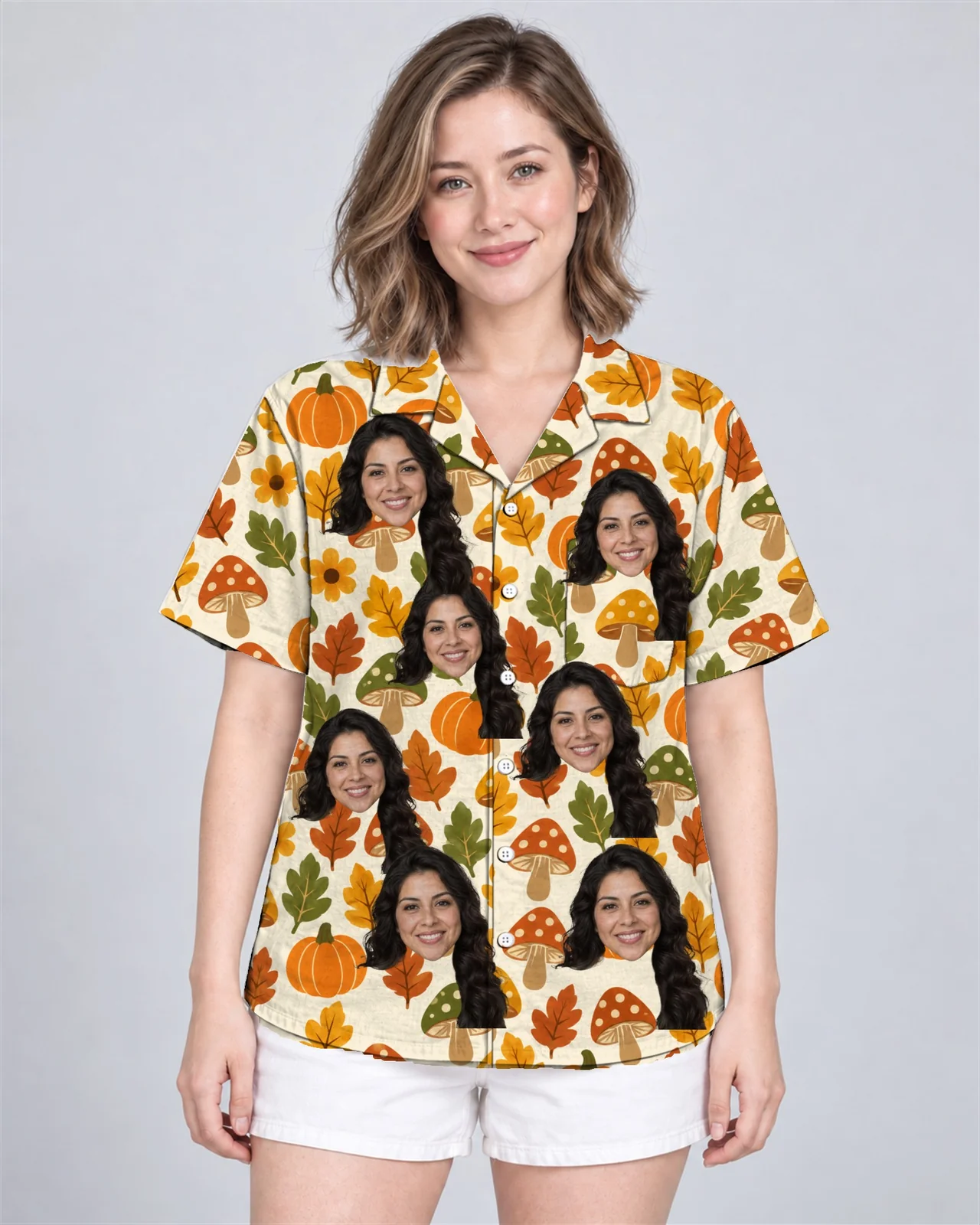 Woman wearing the Retro 70s Harvest Thanksgiving Hawaiian Shirt with custom faces Woman wearing the Retro 70s Harvest Thanksgiving Hawaiian Shirt with custom faces