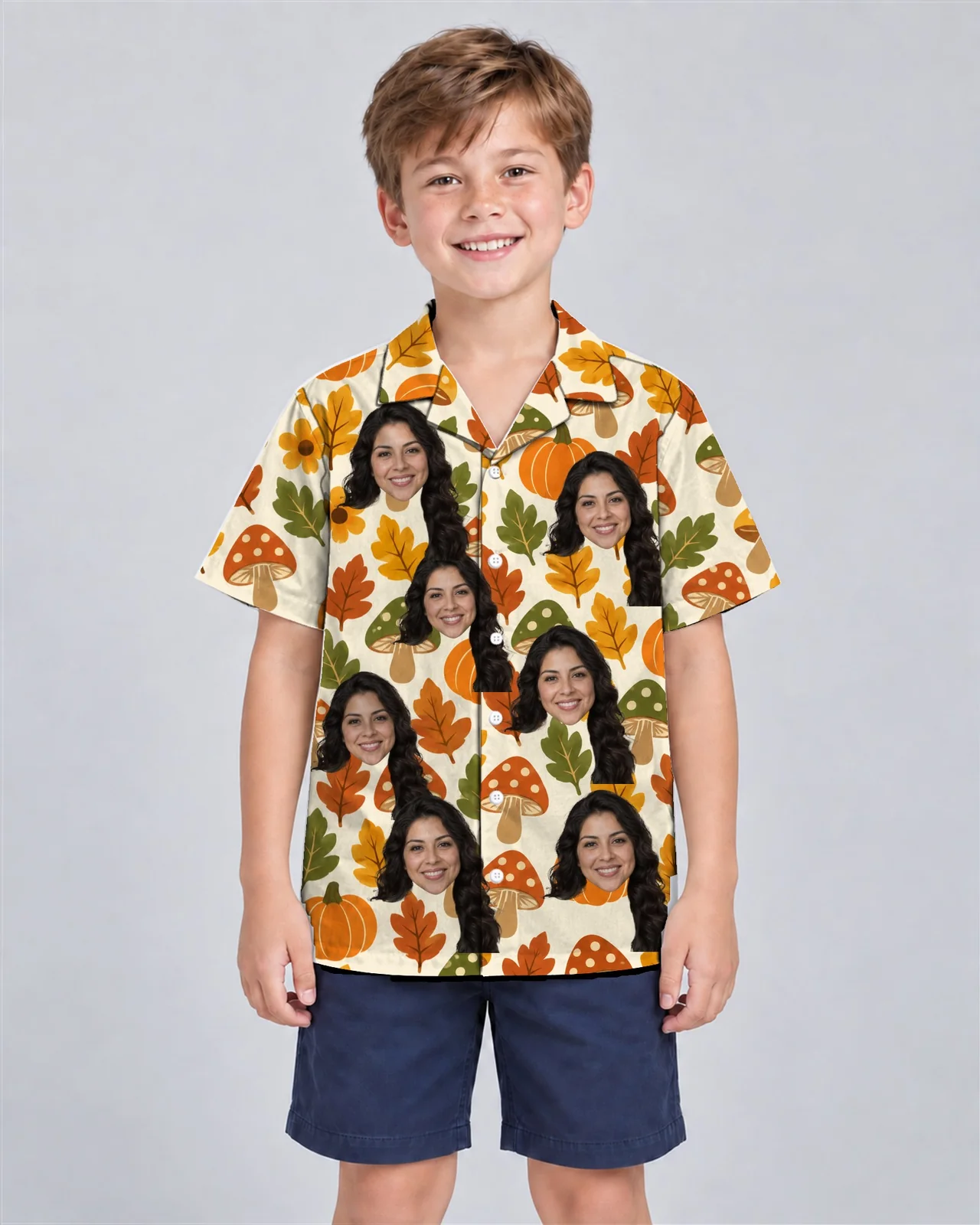 Kid wearing the Retro 70s Harvest Thanksgiving Hawaiian Shirt with custom faces Kid wearing the Retro 70s Harvest Thanksgiving Hawaiian Shirt with custom faces