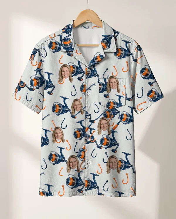 Rods & Reels Fishing Hawaiian Shirt personalized with faces, on a hanger