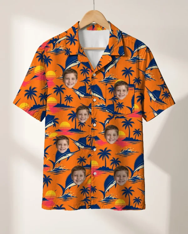 Sailfish Sunset Fishing Hawaiian Shirt personalized with faces, on a hanger