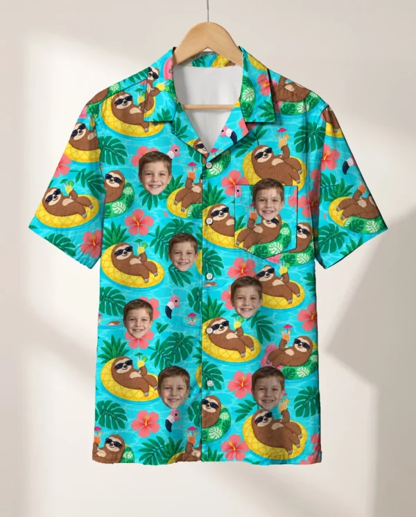 Sloth Pool Party Ugly Hawaiian Shirt personalized with faces, on a hanger