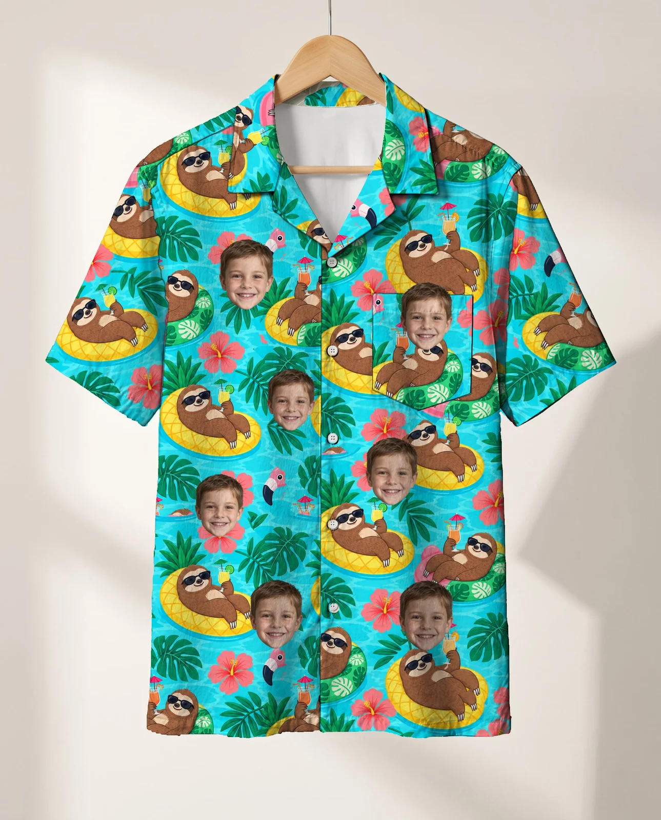 Sloth Pool Party Ugly Hawaiian Shirt personalized with faces, on a hanger Sloth Pool Party Ugly Hawaiian Shirt personalized with faces, on a hanger