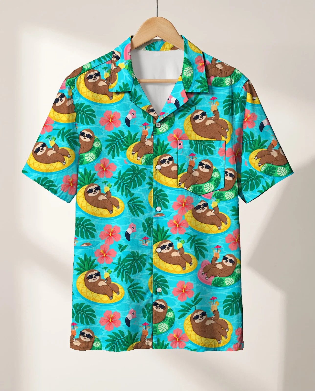 Sloth Pool Party Ugly Hawaiian Shirt on a hanger Sloth Pool Party Ugly Hawaiian Shirt on a hanger