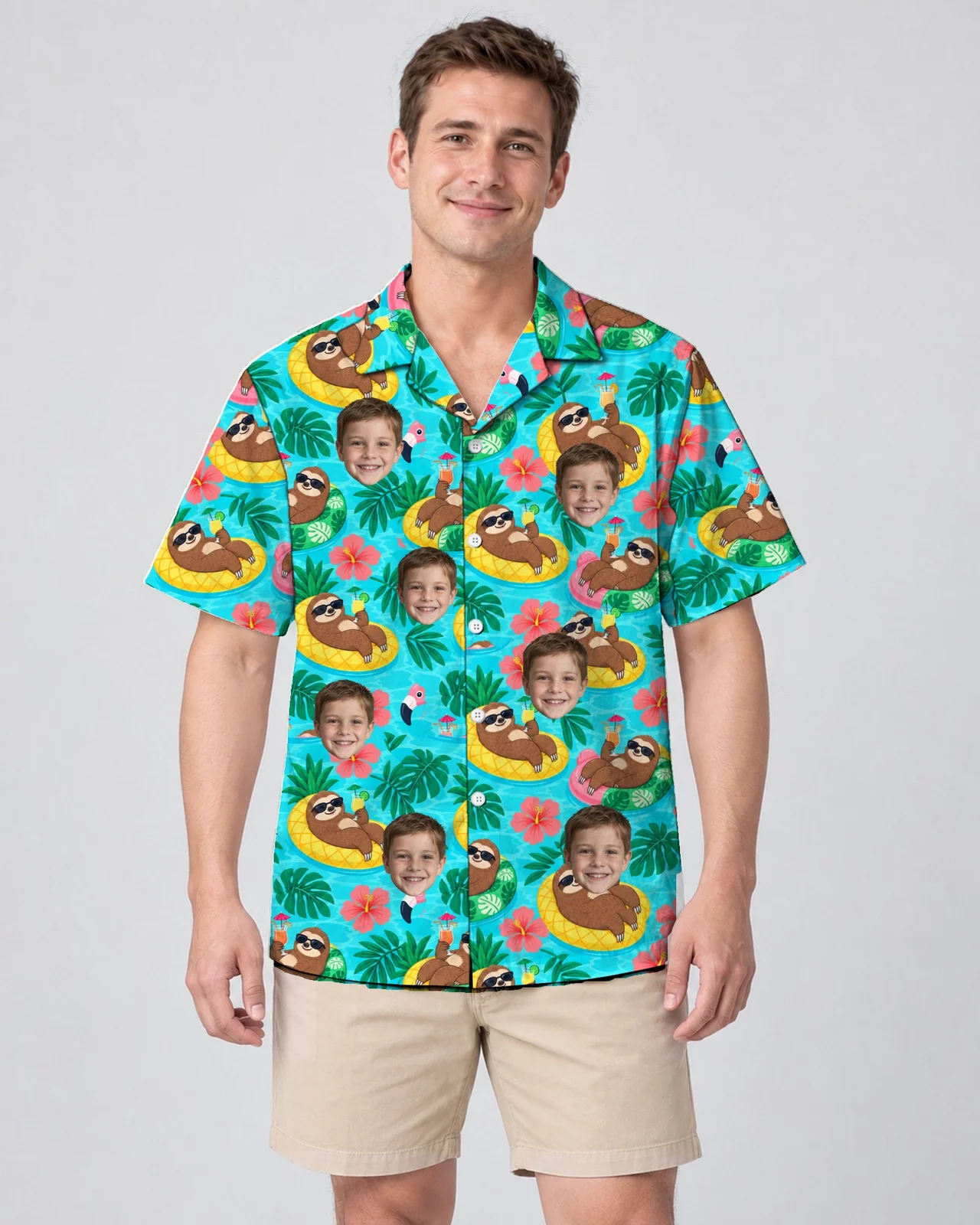 Man wearing the Sloth Pool Party Ugly Hawaiian Shirt with custom faces Man wearing the Sloth Pool Party Ugly Hawaiian Shirt with custom faces