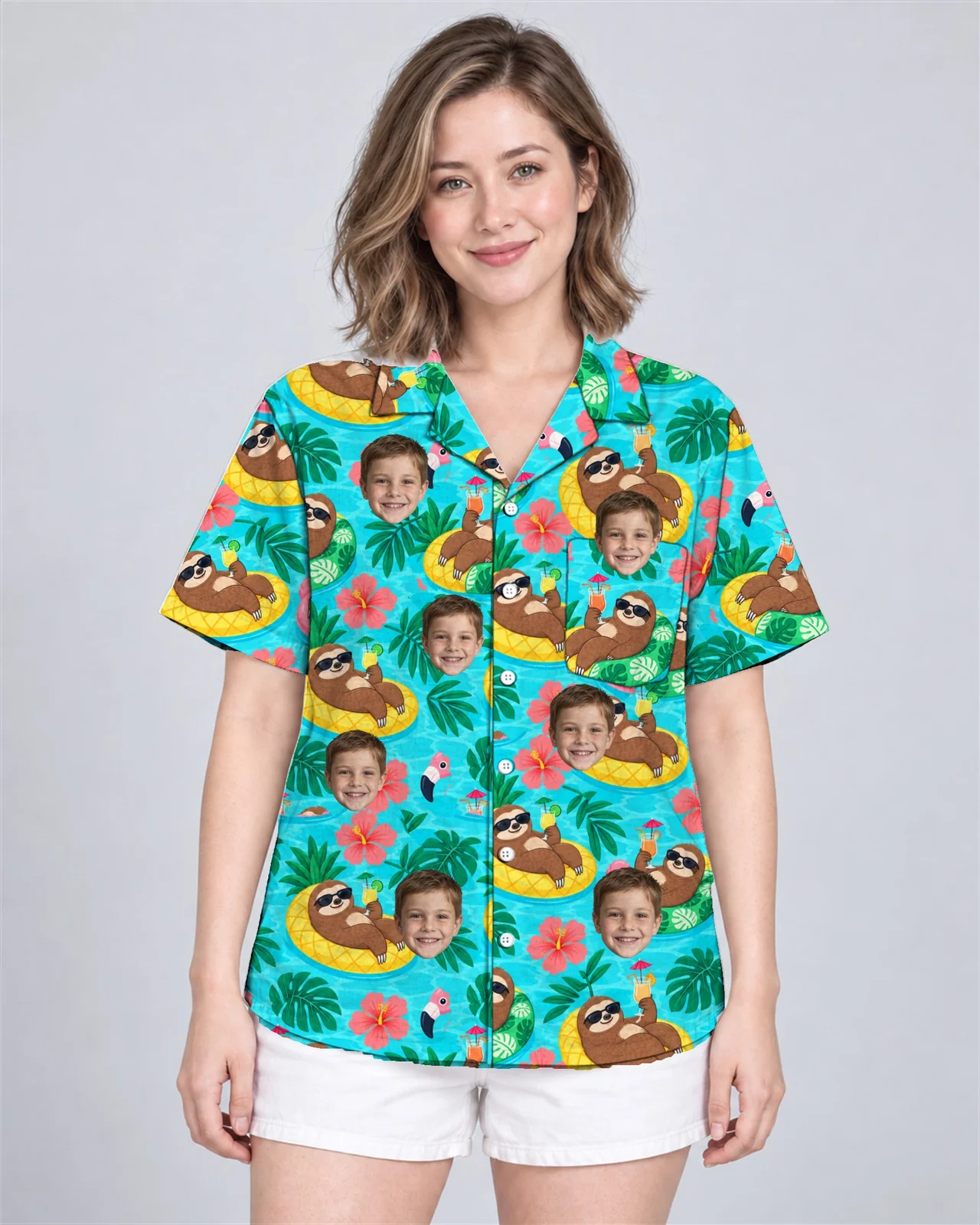Woman wearing the Sloth Pool Party Ugly Hawaiian Shirt with custom faces Woman wearing the Sloth Pool Party Ugly Hawaiian Shirt with custom faces