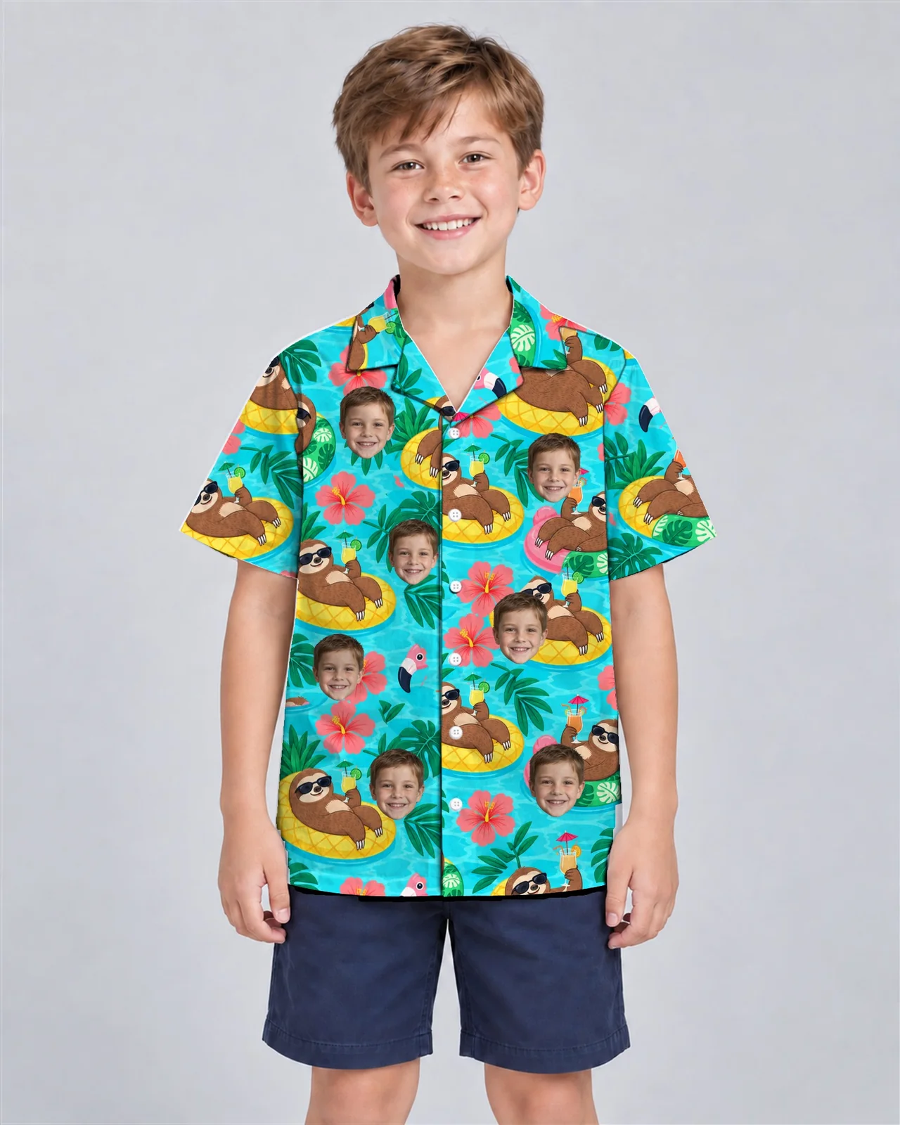 Kid wearing the Sloth Pool Party Ugly Hawaiian Shirt with custom faces Kid wearing the Sloth Pool Party Ugly Hawaiian Shirt with custom faces