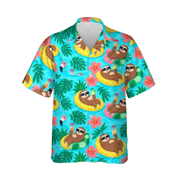 Sloth Pool Party Ugly Hawaiian Shirt, front view of the print