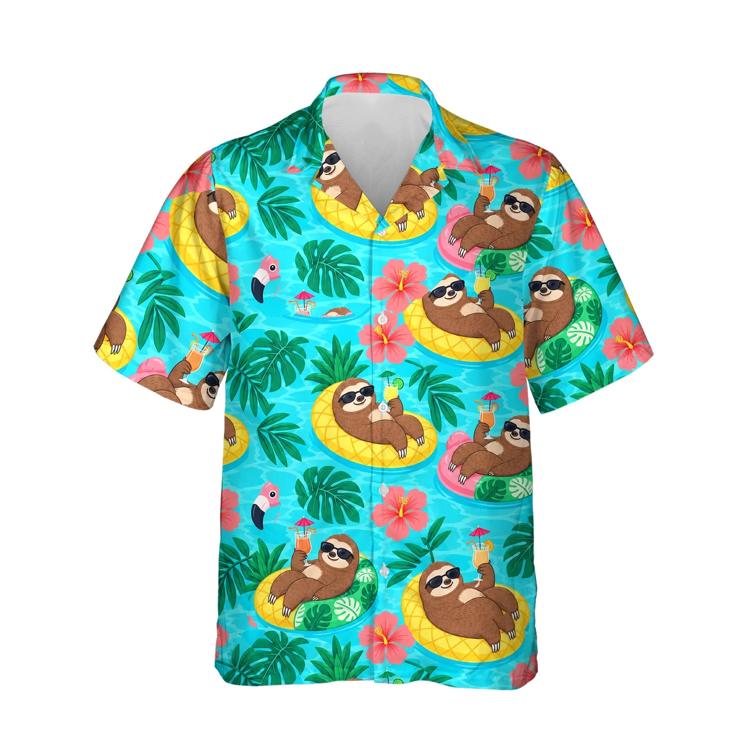 Sloth Pool Party Ugly Hawaiian Shirt, front view of the print Sloth Pool Party Ugly Hawaiian Shirt, front view of the print