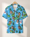 Snowy Dino Christmas Hawaiian Shirt, front view of the print