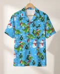 Snowy Dino Christmas Hawaiian Shirt, front view of the print